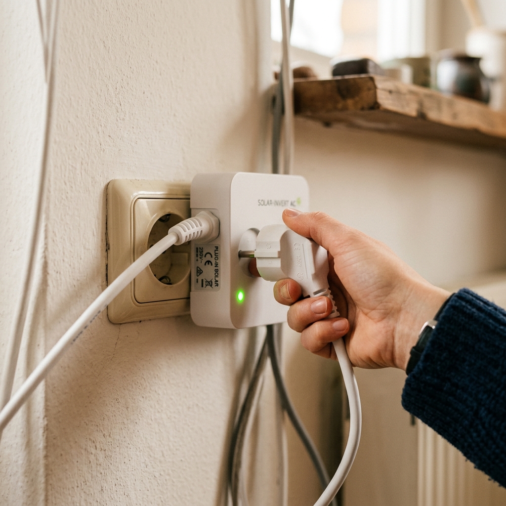 A person plugging a solar panel micro-inverter cable into a European wall socket