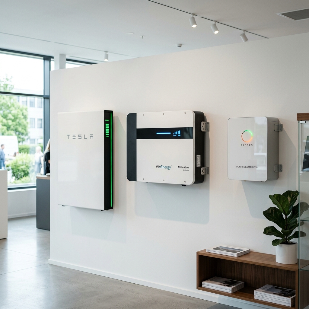 Three home battery storage units side by side on a showroom wall: Tesla Powerwall, GivEnergy, and Sonnen