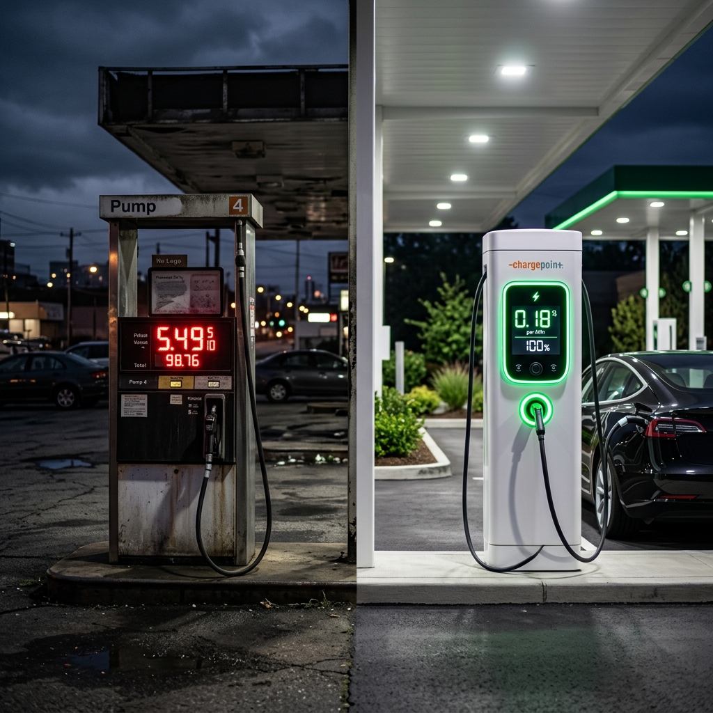 Old petrol station versus modern clean EV charging station side by side