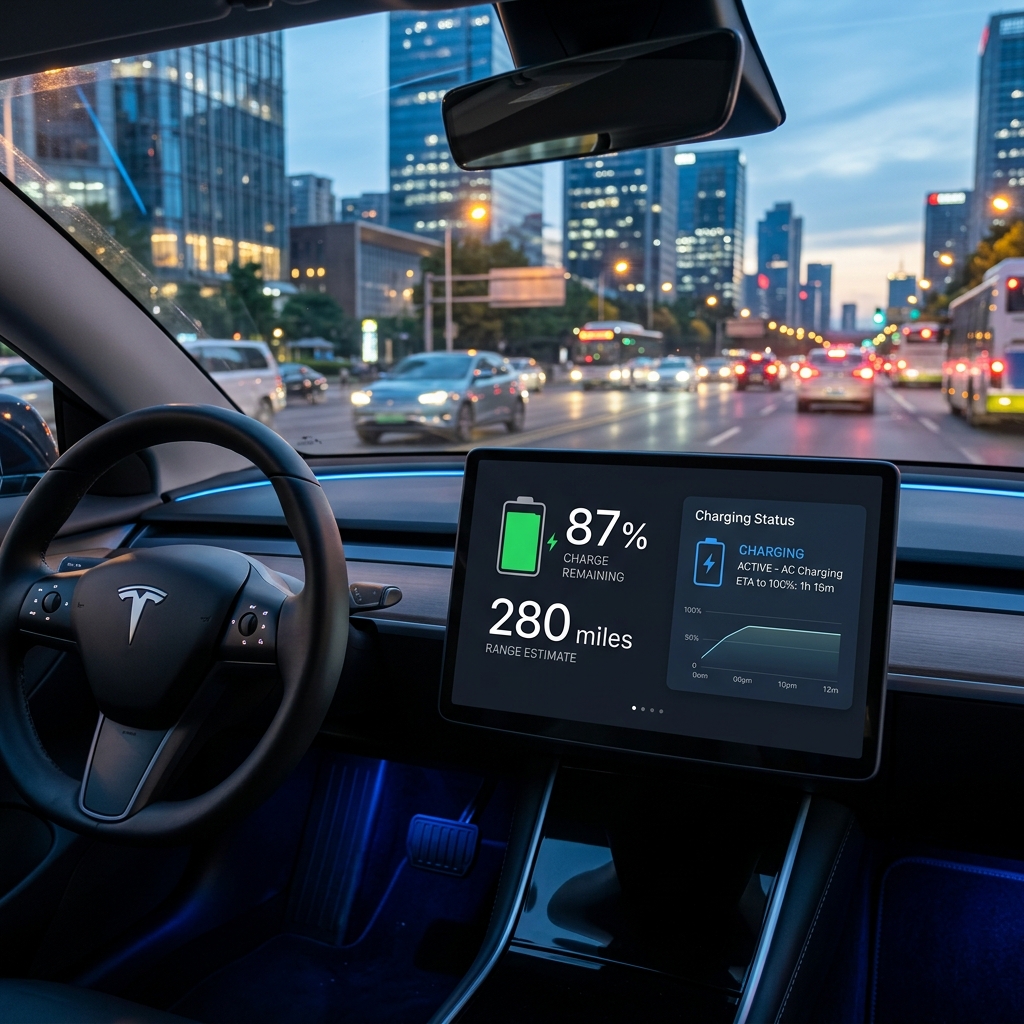 EV dashboard showing 87% charge and 280 miles range in a modern electric vehicle
