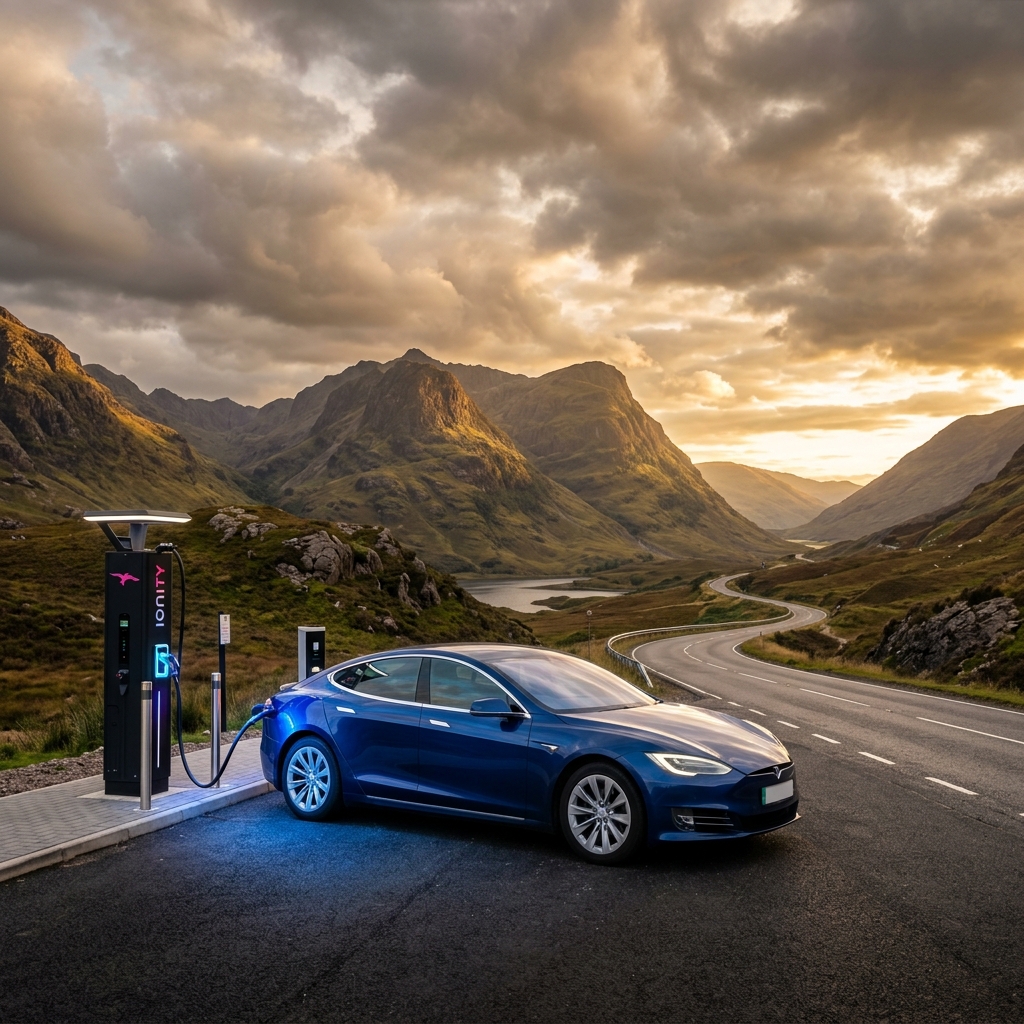 Electric vehicle charging at a rapid charger in the Scottish Highlands with dramatic mountain scenery