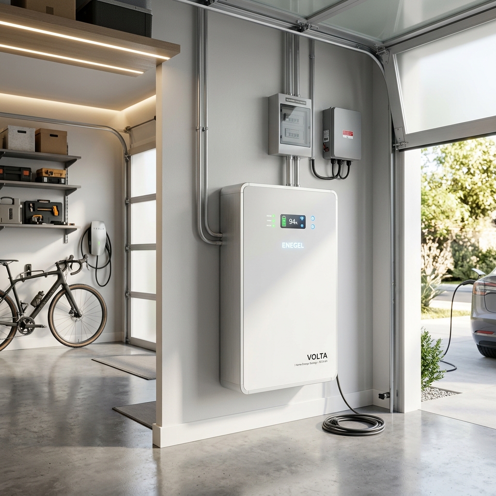 A sleek, modern white lithium-ion home battery system mounted on a garage wall