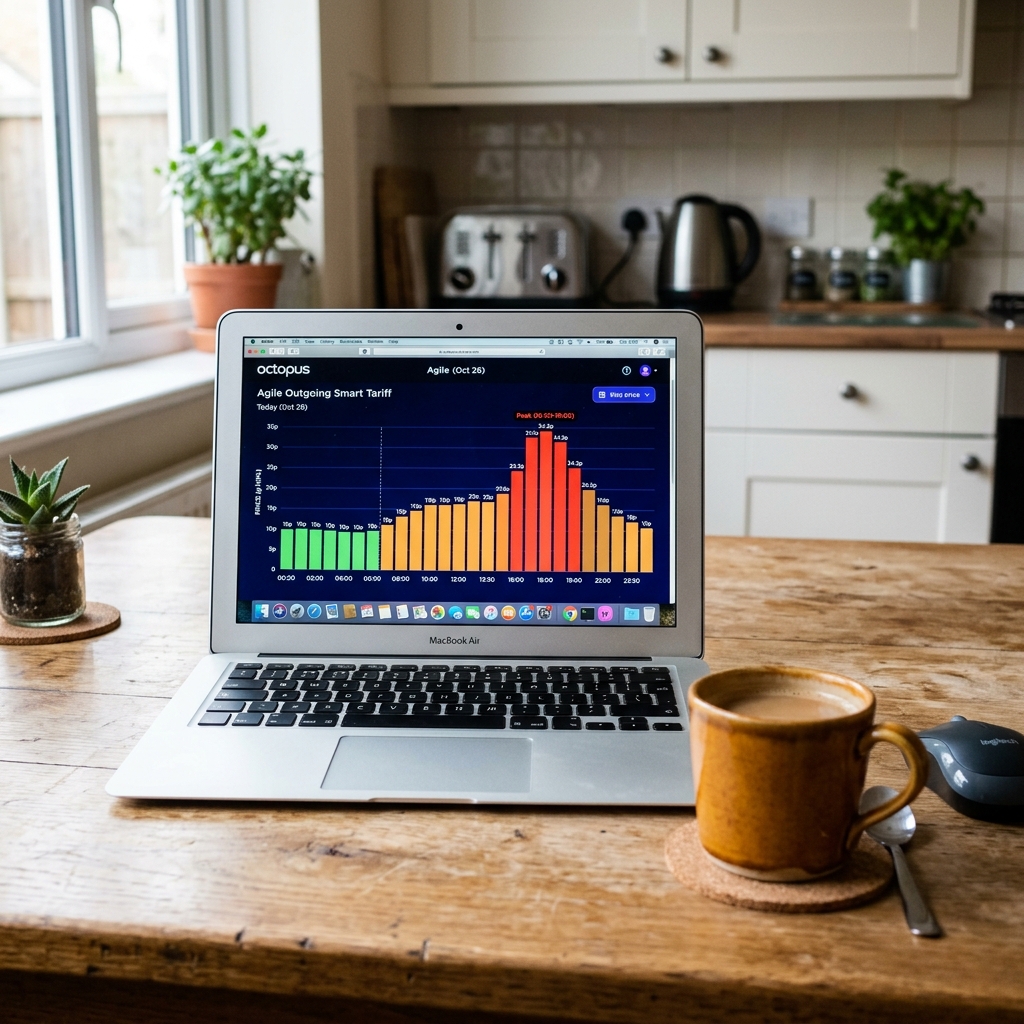 Laptop on a UK kitchen table showing the Octopus Energy Agile tariff price chart with green low-price bars overnight and red peak bars in the evening