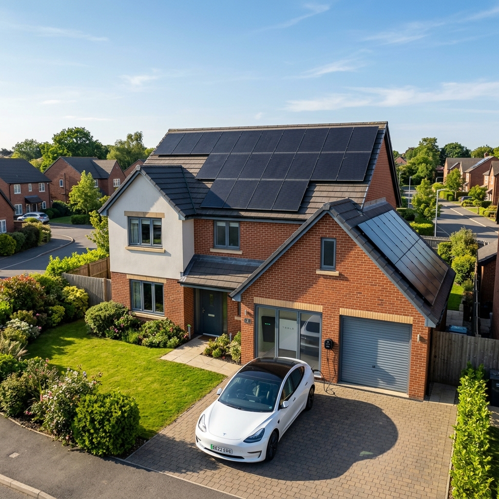 Aerial view of a modern UK family home with full roof solar panels, home battery visible in the garage, and white electric car charging in the driveway