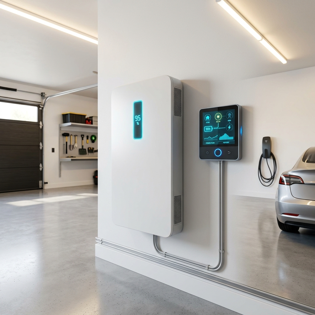 Modern home battery storage system mounted in garage alongside EV charger showing 95% charge