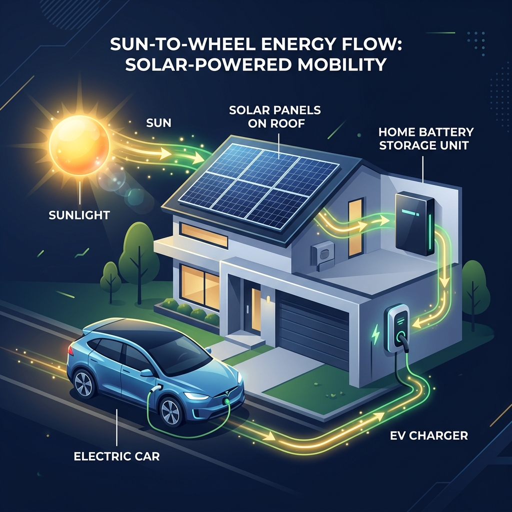 Infographic diagram showing the Sun-to-Wheel energy flow: sunlight to solar panels to home battery to EV charger to electric car