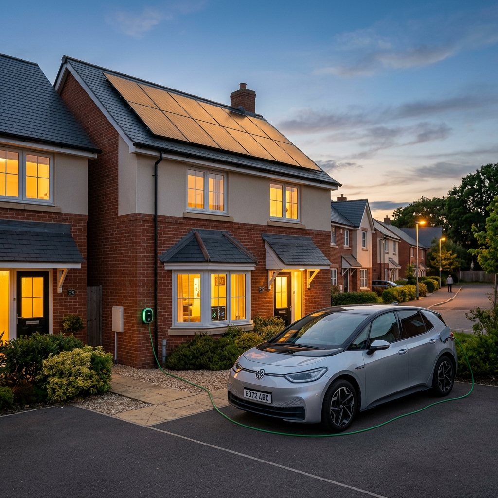 UK home with electric vehicle plugged into a V2G-enabled wallbox charger at dusk with solar panels on the roof