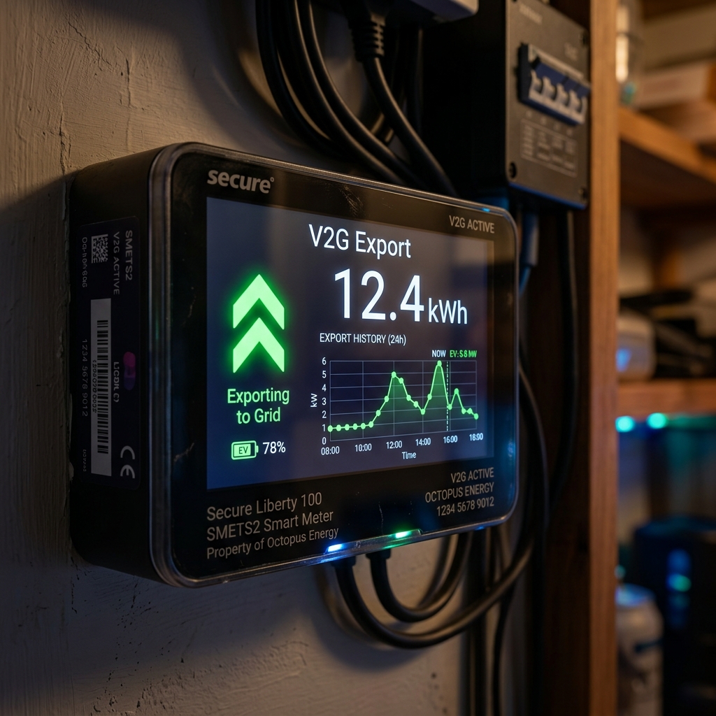 Smart meter display showing V2G export of 12.4 kWh back to the grid from an electric vehicle